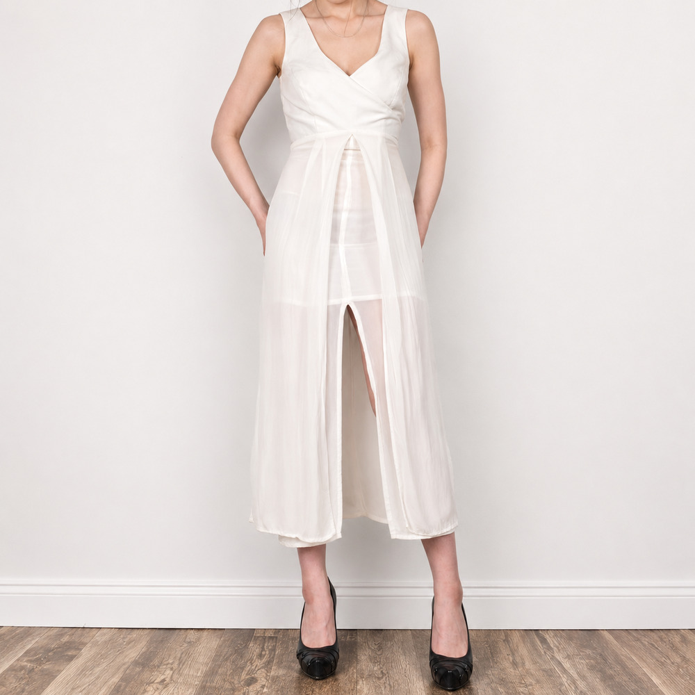 Vintage Y2K White Sheer Overlay Midi Dress Sleeveless Fairycore Ethereal Italy